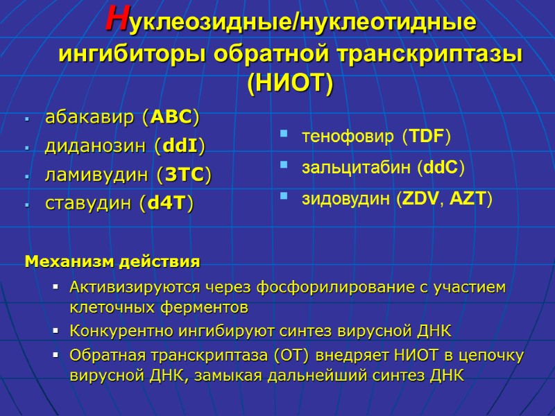 абакавир (ABC) диданозин (ddI) ламивудин (3TC) ставудин (d4T)  Механизм действия  Активизируются через